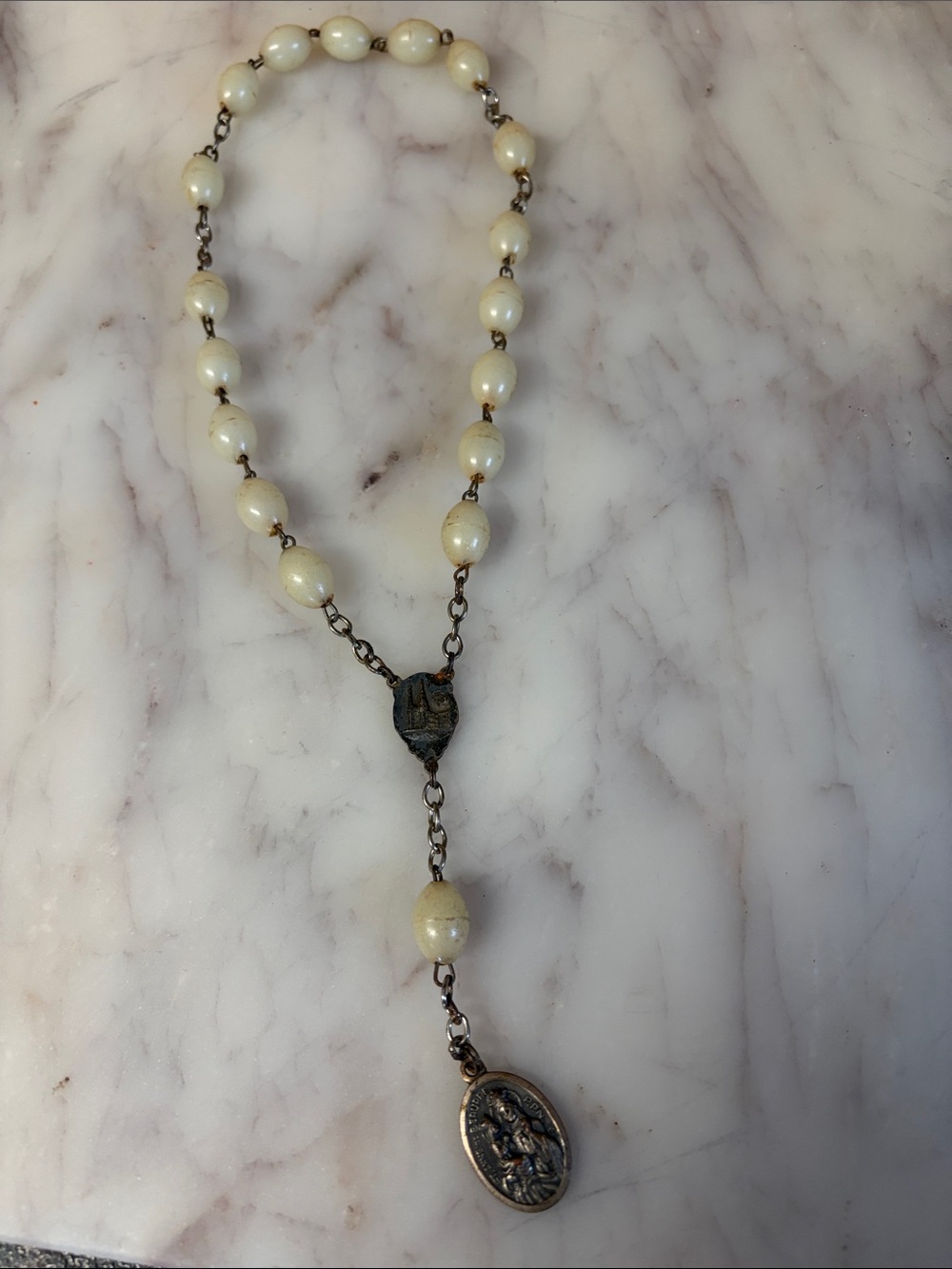 Vintage Cream Beaded Rosary-Style Pendant Necklace